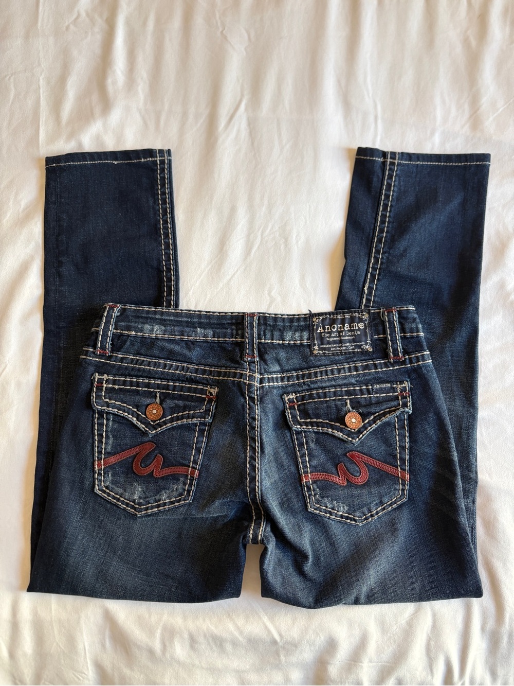 Anoname Y2K Dark Wash Embroidered Pocket Denim Capris Contrast Stitch Vintage